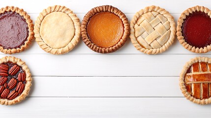Assortment of delicious mini pies on white wooden background.
