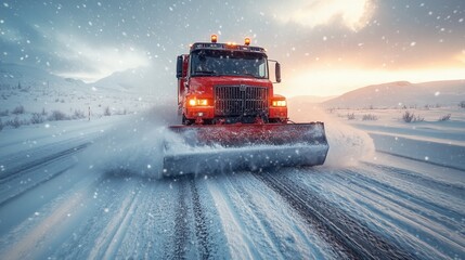 Snow plow clearing a snowy road at sunset.