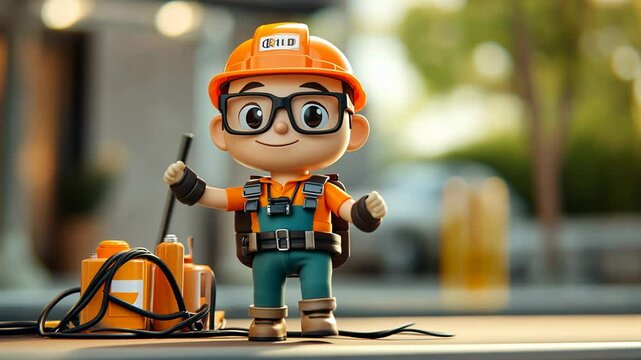 Playful 3D Cartoon Construction Worker with Tools and Helmet Fixing a Building
