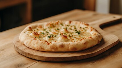 Delicious cheesy pizza on wooden board.