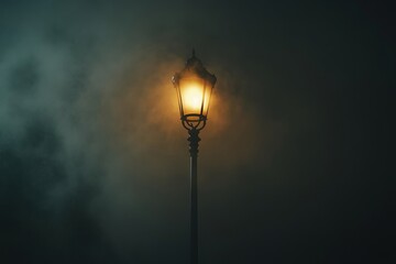 Mist floating past a street lamp at night, close view. illuminated by glowing street lamps, creating an eerie and mysterious atmosphere