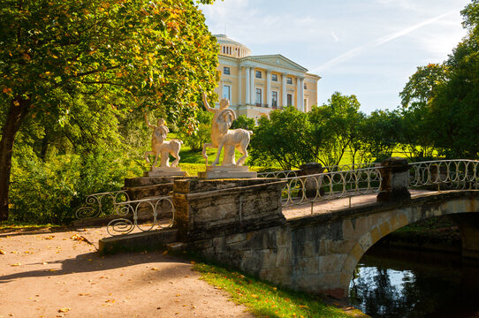Pavlovsk, St Petersburg, Russia - September 21, 2017. Pavlovsk Palace and Centaur bridge in Pavlovsk, St Petersburg region, Russia