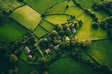 Lush green countryside village nestled among fields at sunset in a tranquil rural landscape