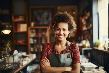 Portrait of smiling young female small business owner standing with arms crossed in her store