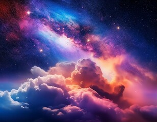 colorful cloud formation with vibrant hues and sparkling particles in a dramatic cosmic backdrop