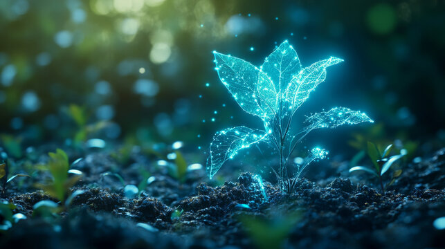 Hologram bio. Holographic projection of a plant. A shimmering stream of particle energy. Scientific design ecology.