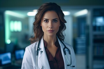 Young female doctor wearing lab coat and stethoscope stands confidently in a contemporary hospital environment