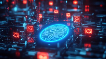 Fototapeta premium Digital fingerprint surrounded by glowing icons in a futuristic cyber environment representing security and technology