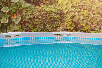Swimming pool in the garden with clean water on a background of plants.