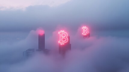 Futuristic Skyline with Glowing Cryptocurrency Symbols Amidst Foggy Cityscape