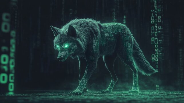 Digital wolf composed of green binary code stands in a dark, textured environment surrounded by glowing data elements
