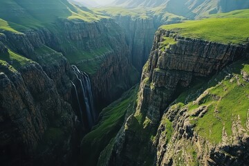 Majestic waterfall cascading down steep cliffs in a lush green valley at dawn, creating a serene and enchanting landscape