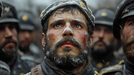 Fototapeta premium Snow-covered soldier, weary face, battlefield.