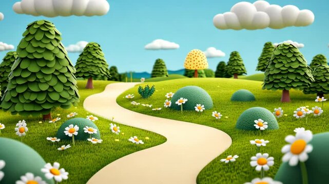 Playful Golf Course Landscape with Miniature Characters in a Colorful Summer Meadow