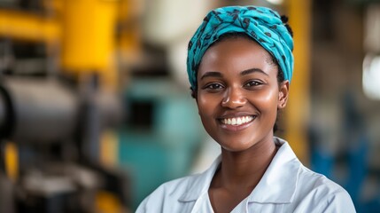 Fototapeta premium African female engineer smiling in industrial setting wearing turquoise headscarf