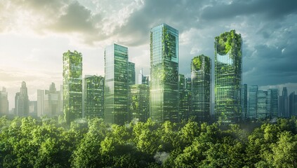 Fototapeta premium A futuristic cityscape with skyscrapers and buildings made of glass, wrapped in green trees