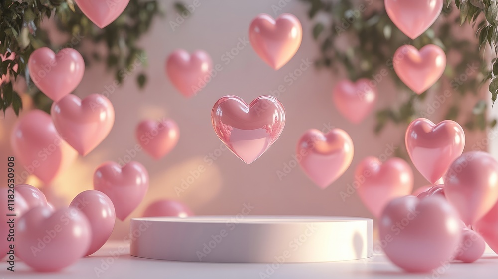 Poster 3d rendering of an empty podium with a soft romantic glow and a heart pattern backdrop, isolated on 