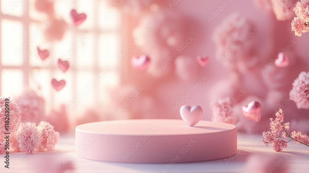Poster 3D rendering of an empty podium with a soft romantic glow and a heart pattern backdrop, isolated on white