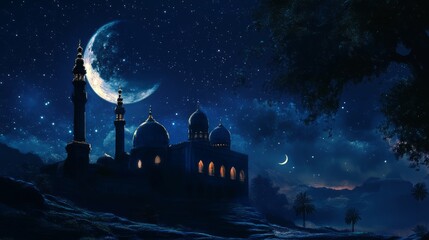 Naklejka premium Moonlit mosque: nighttime oasis under a starry sky with crescent moon