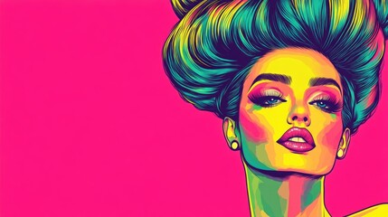 A woman with vibrant hair colors on a pink background
