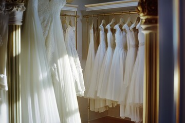 Row of wedding dresses hanging in a closet