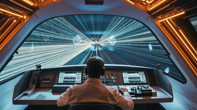 Train driver driving modern high speed train in tunnel