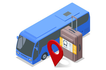 Blue Bus, Luggage, and Location Pin. Isometric vector of a blue bus, travel luggage, and a red location pin representing navigation and journey planning.
