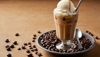 A glass of iced coffee topped with a scoop of vanilla ice cream and coffee beans scattered on the side, presenting a perfect summer beverage.
