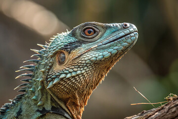 Obraz premium Close-up of a vibrant blue lizard's head and neck, showcasing intricate scales and textures.