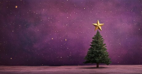 A Christmas tree with a golden star on a purple background, against a starry sky
