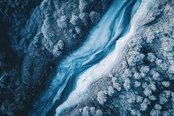 Serene winter landscape with a winding river gently flowing through frosty trees at dawn