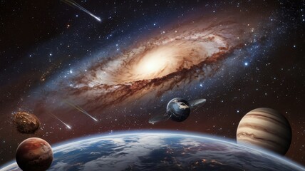 Stunning Spiral Galaxy, Earth, Planets, and Comets in Space, Cosmic Artwork