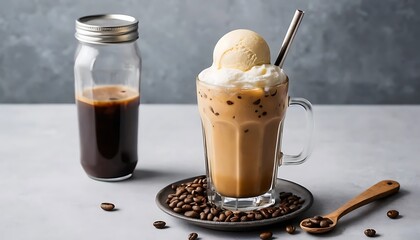 A glass of iced coffee topped with a scoop of vanilla ice cream and coffee beans scattered on the side, presenting a perfect summer beverage.