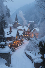 Fototapeta premium Photo réaliste d’un village enneigé paisible dans les Alpes avec maisons accueillantes et cheminées fumantes