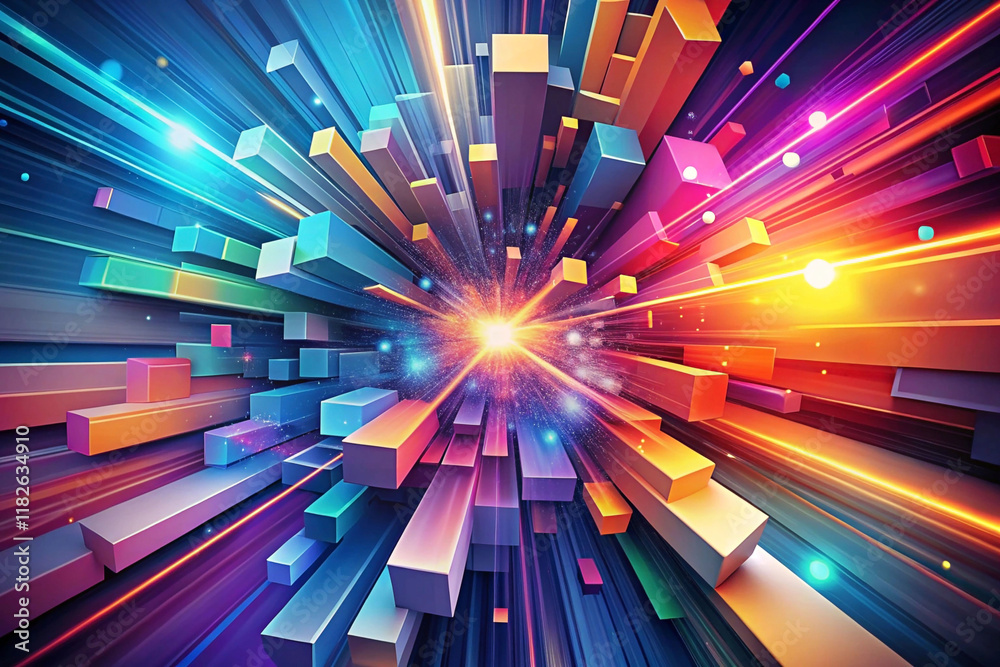 Poster abstract colorful 3d blocks exploding from bright light.