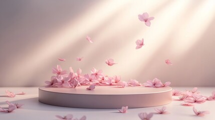 Empty 3D podium with delicate pink petals scattered across the top, illuminated softly, isolated on white
