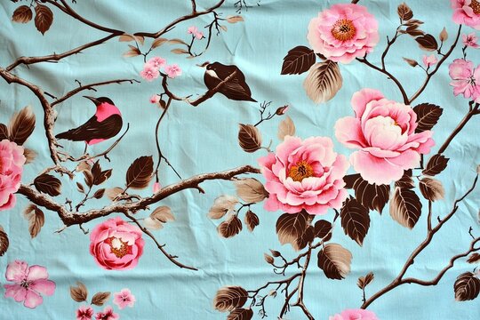 A detailed vintage chinoiserie wallpaper pattern with a pastel blue background, featuring pink and brown floral patterns