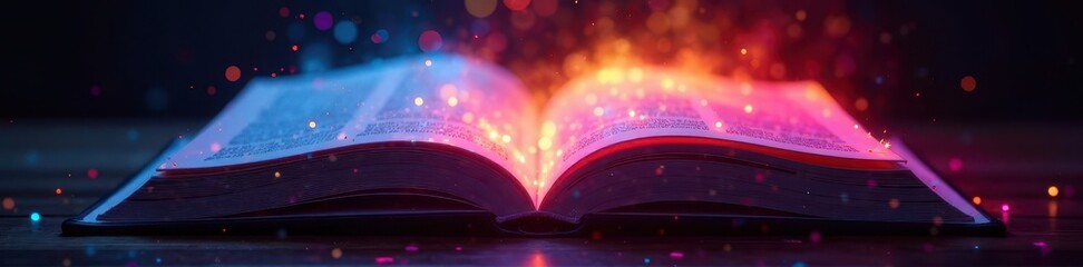 Glowing book with vibrant colors radiating from its pages, abstract, creative