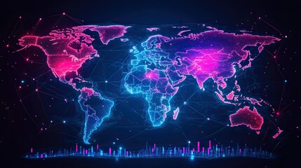 Obraz premium A neon-glowing world map with a neon light effect on the borders of the illustration, in a vector style