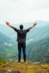 A man standing on top of a mountain with his arms outstretched