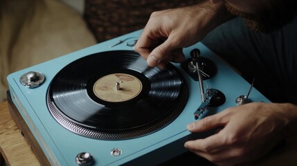 Close-up of someone spinning a vinyl record on a vintage turntable
