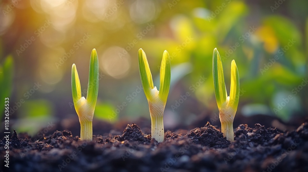 Sticker Seedlings sprouting in soil, sunrise, growth