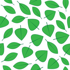 Green leaves in various shapes and orientations spread across a white background creating a natural pattern design