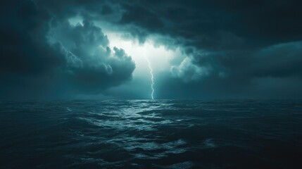 Obraz premium Thunderstorm Over Open Sea with Dark Clouds and Dramatic Lightning, Stunning Nature Photography Perfect for Environmental, Adventure, or Dramatic Mood Stock Photography