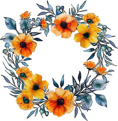 Watercolor Wreath of Orange and Yellow Flowers