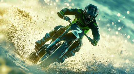 Motocross hologram. The rider from particles. Flickering energy flux of particles. Research design and Motorsport