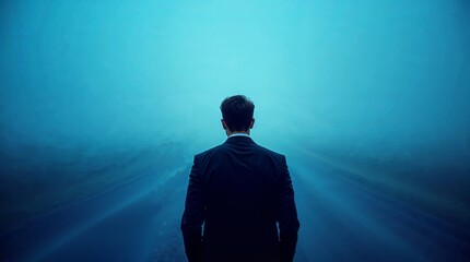 A young businessman stands undecided before two roads