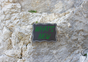 What is new symbol. Stone wall with words What is new. Beautiful stone background. Business and What is new concept. Copy space.