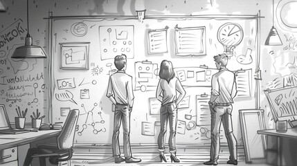 White and black colors outline illustrations Marketing Team Brainstorming Campaign Ideas generated AI