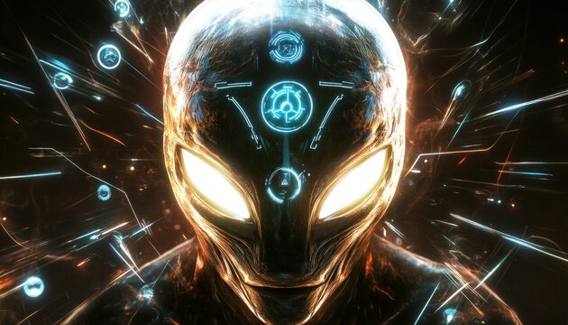 Alien head emerging from technological streaks of light